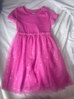 wonder nation Bright Pink Ribbed Tee & Tulle Heart Dress